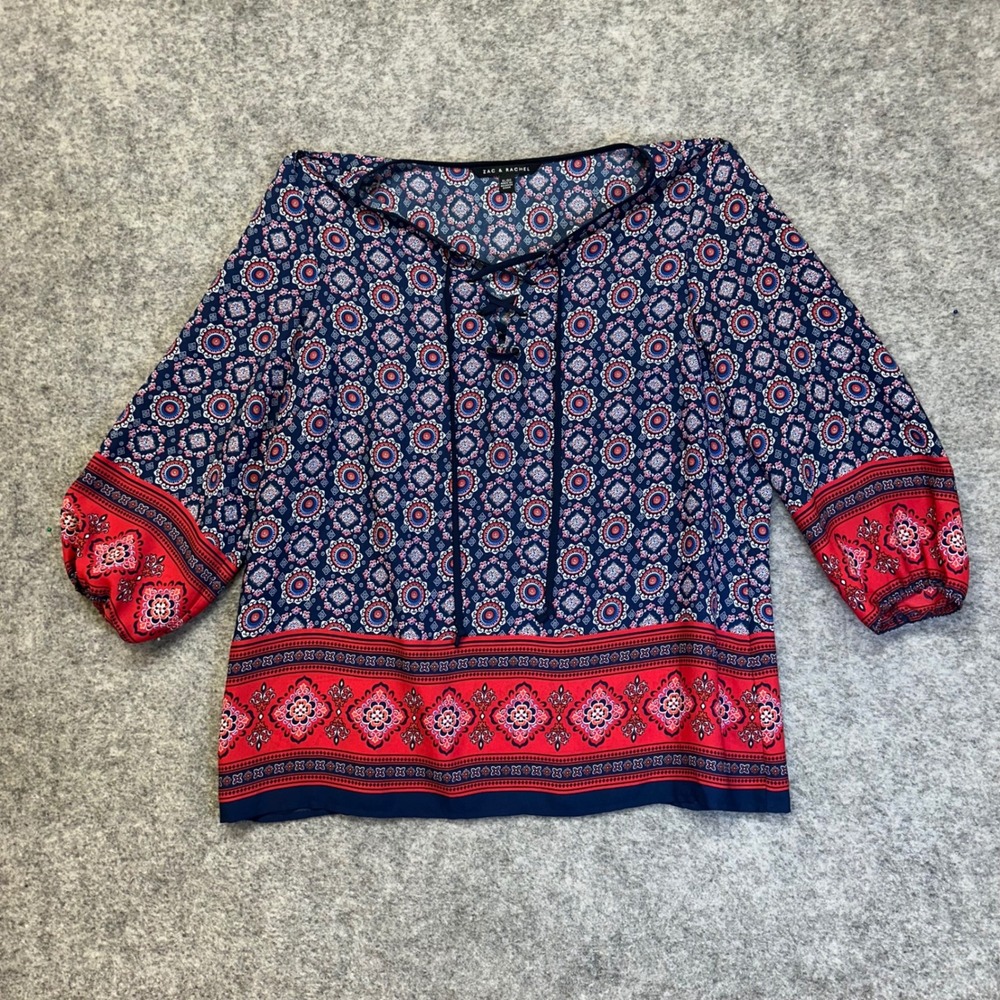 Zac & Rachel Blouse Womens XL Navy Blue Lace Up Boho Patriotic Top 250th